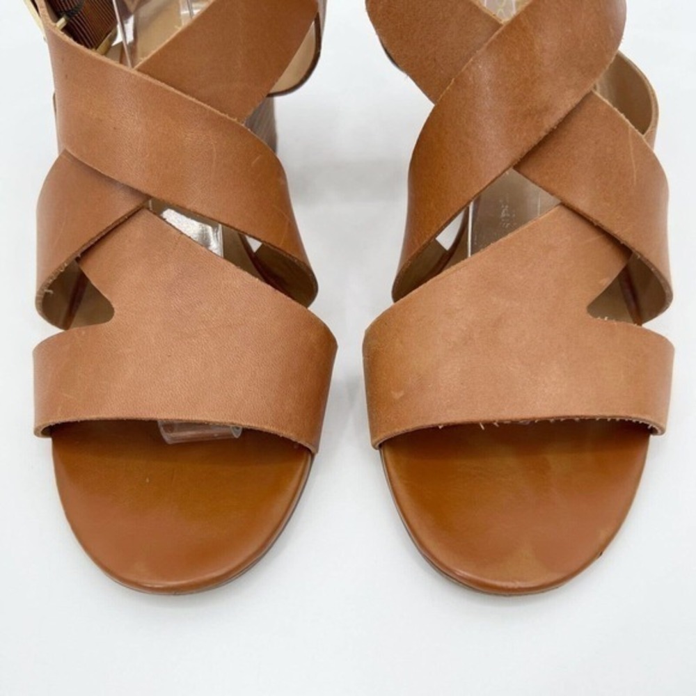 Franco Sarto Mallory Wedge Sandals Brown Leather Heels Strappy Buckle - Picture 2 of 10